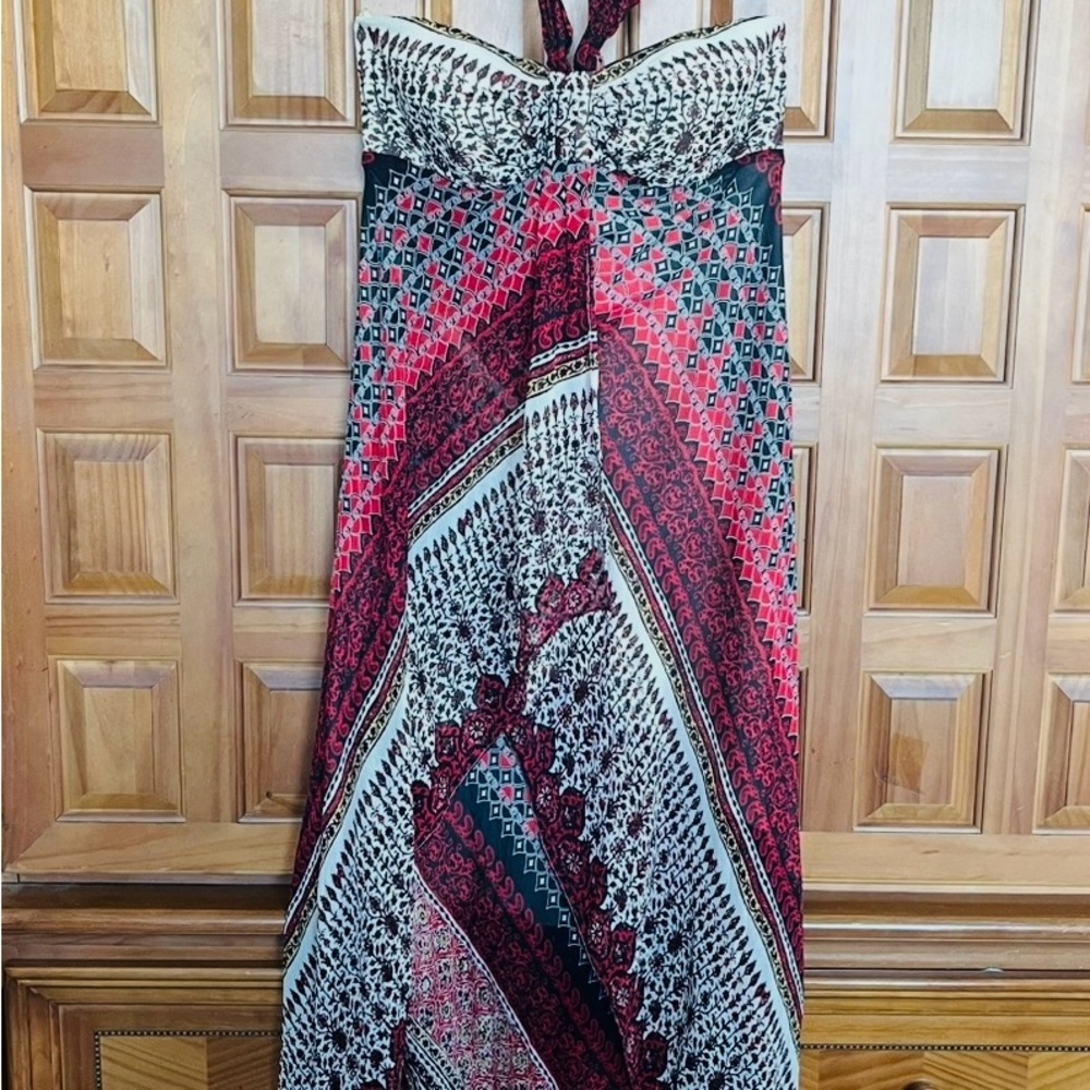 (EUC) Max & Cleo Red and Cream Halter Maxi Sundress Size 10